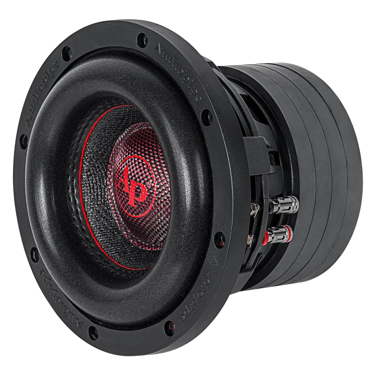 Audiopipe subwoofer with a red logo, woven-texture cone and stacked motor