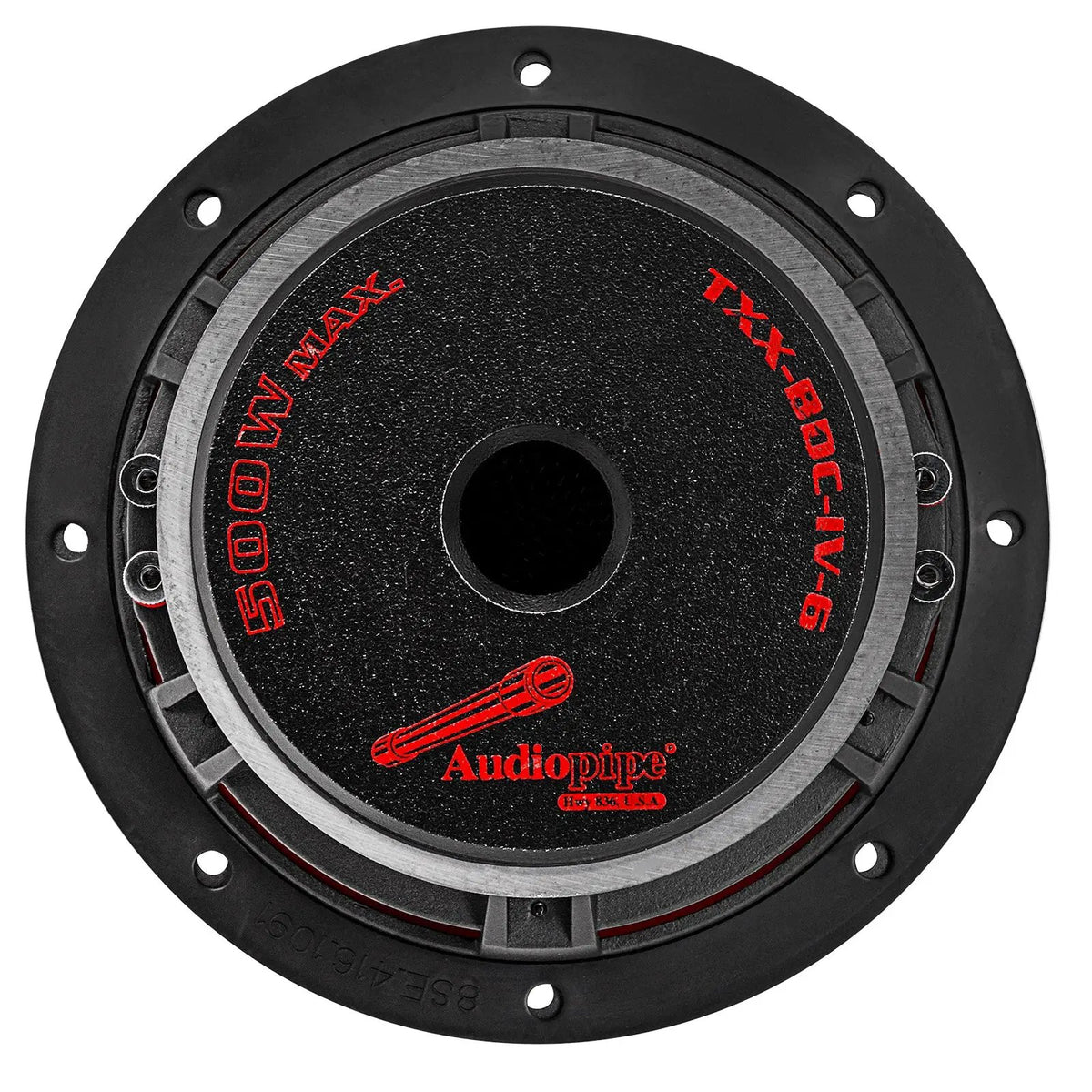 Rear view of an Audiopipe subwoofer with TXX-BDC-IV-6 and 500W Max markings around its magnet vent
