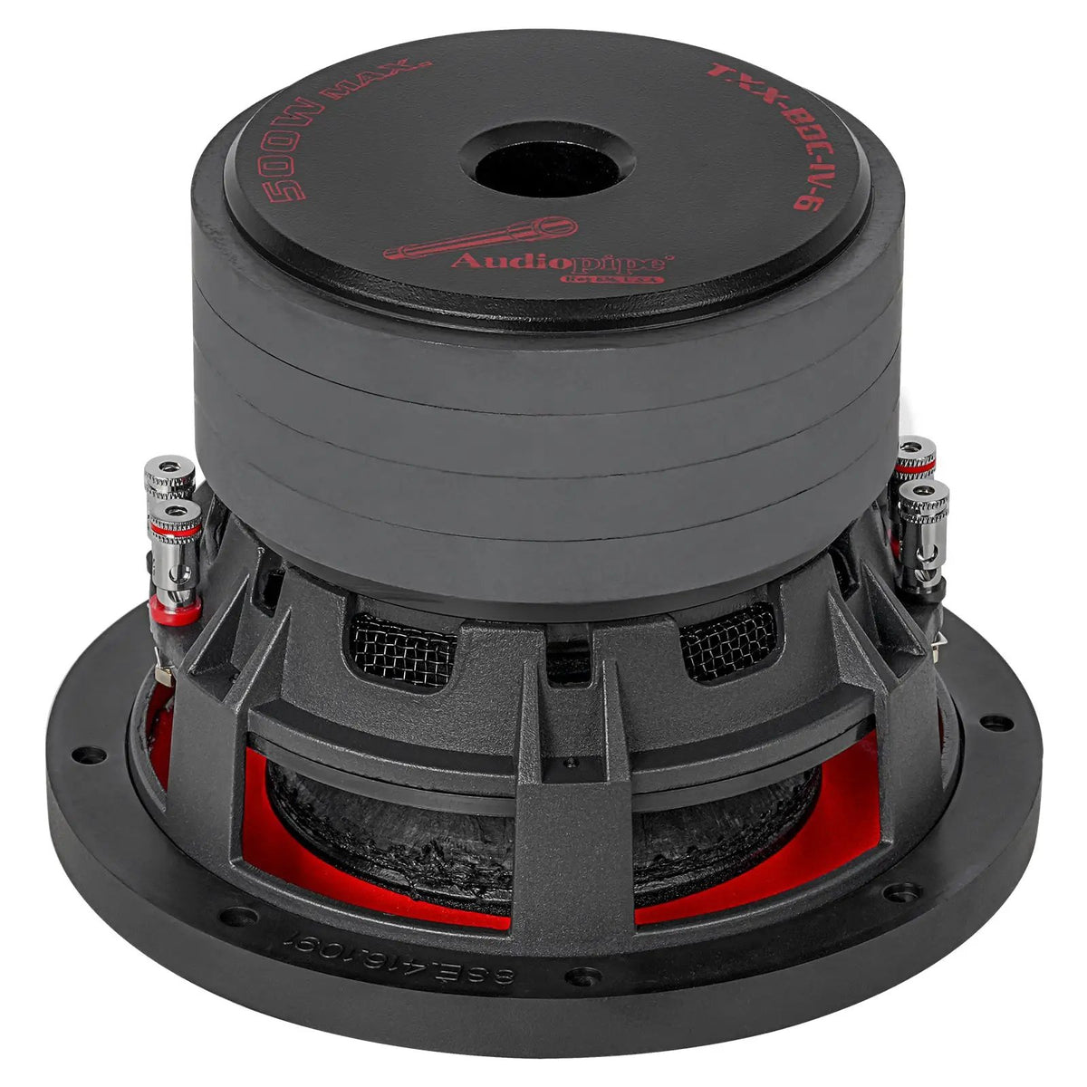 Rear-angled view of an Audiopipe subwoofer showing its stacked magnet, basket vents and red underside