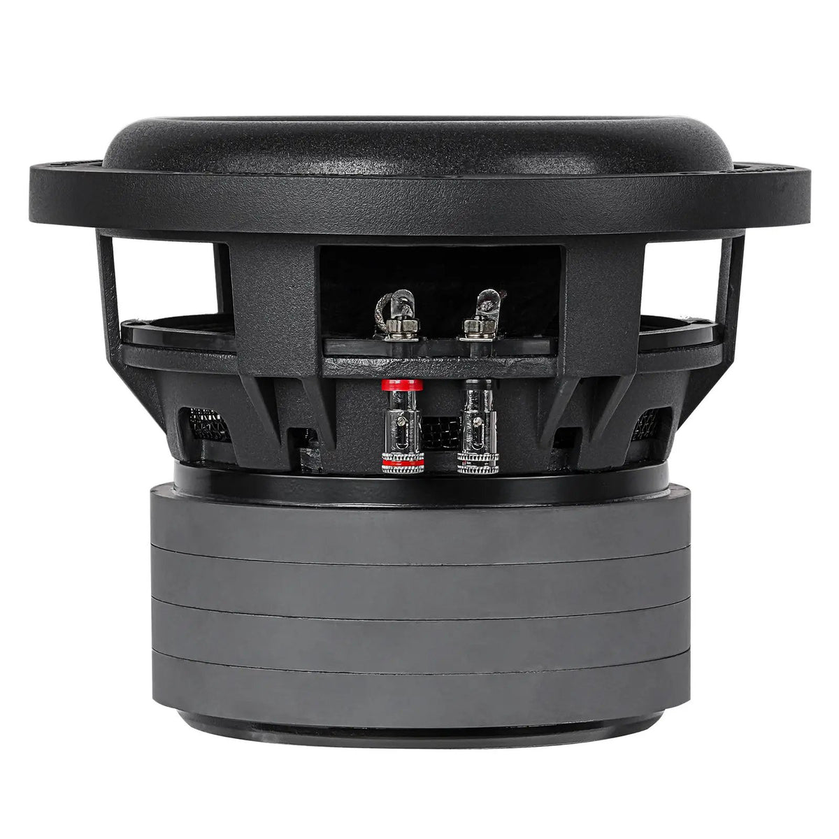 Side view of an upright Audiopipe subwoofer with red-and-black terminals and stacked magnet