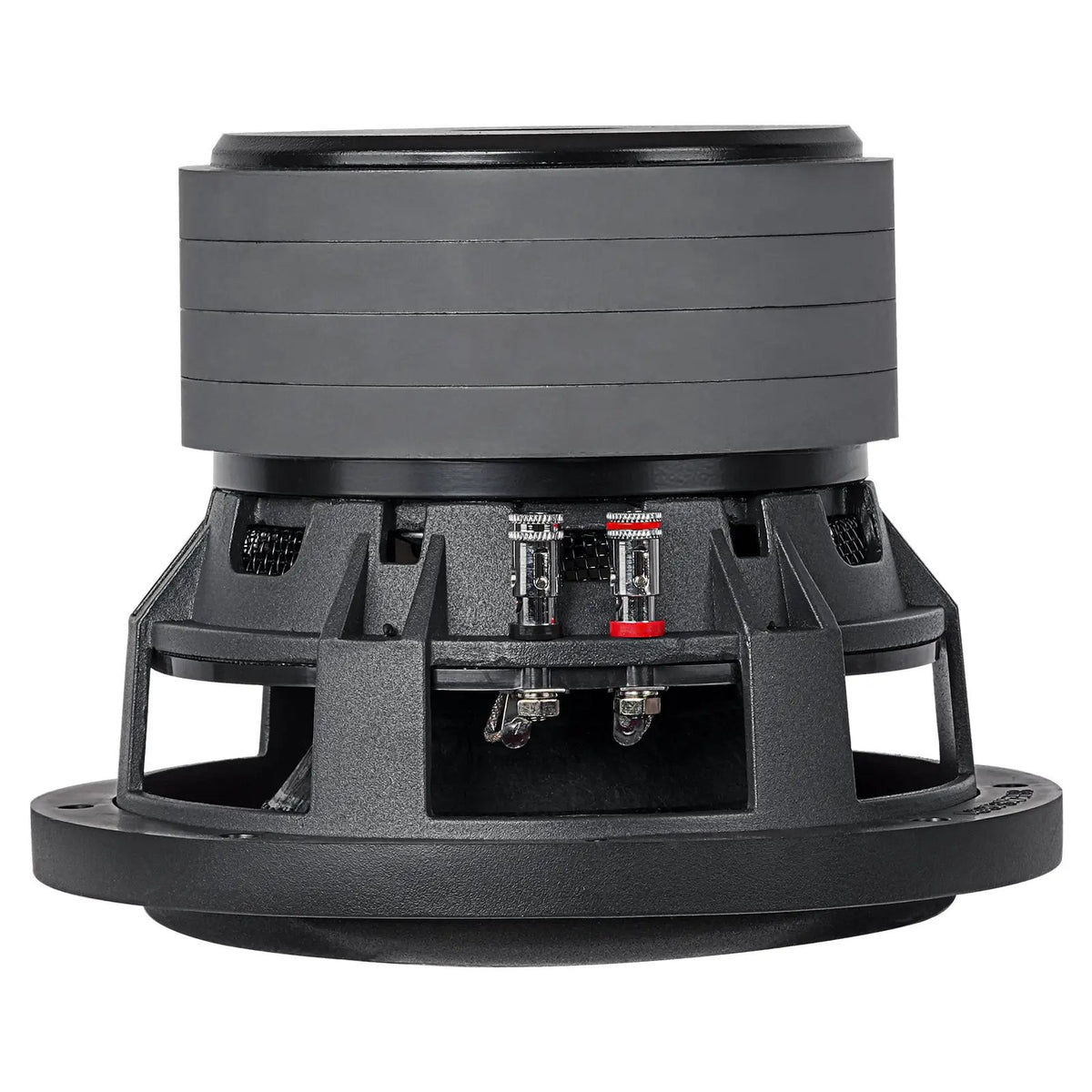 Side view of an Audiopipe subwoofer showing stacked magnet and red-and-black terminals