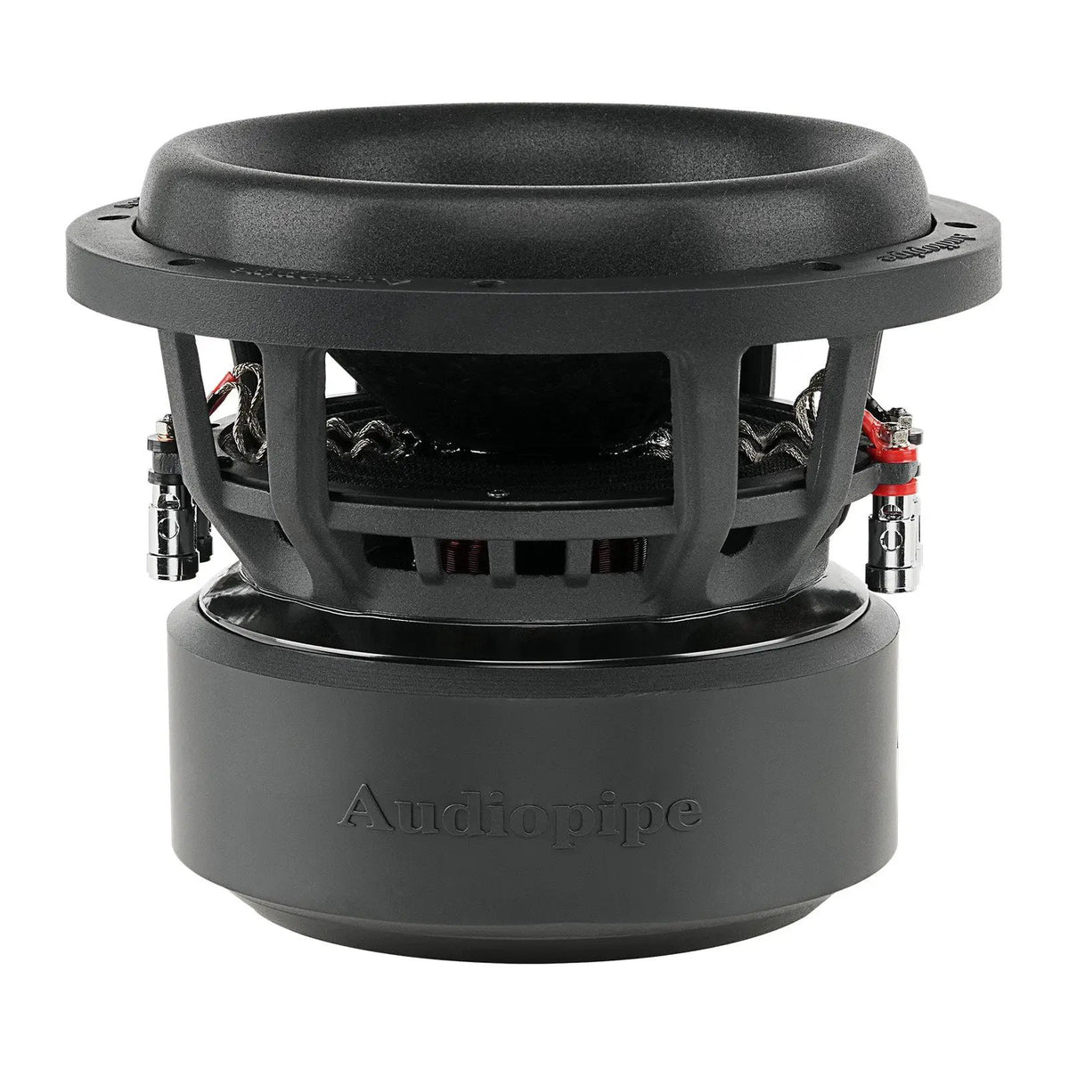 Audiopipe subwoofer, side view showing the basket, terminals and large motor housing