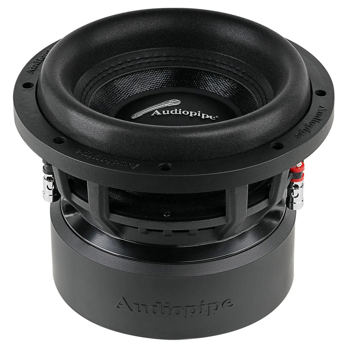 Black Audiopipe subwoofer, angled view showing the cone, basket and motor housing
