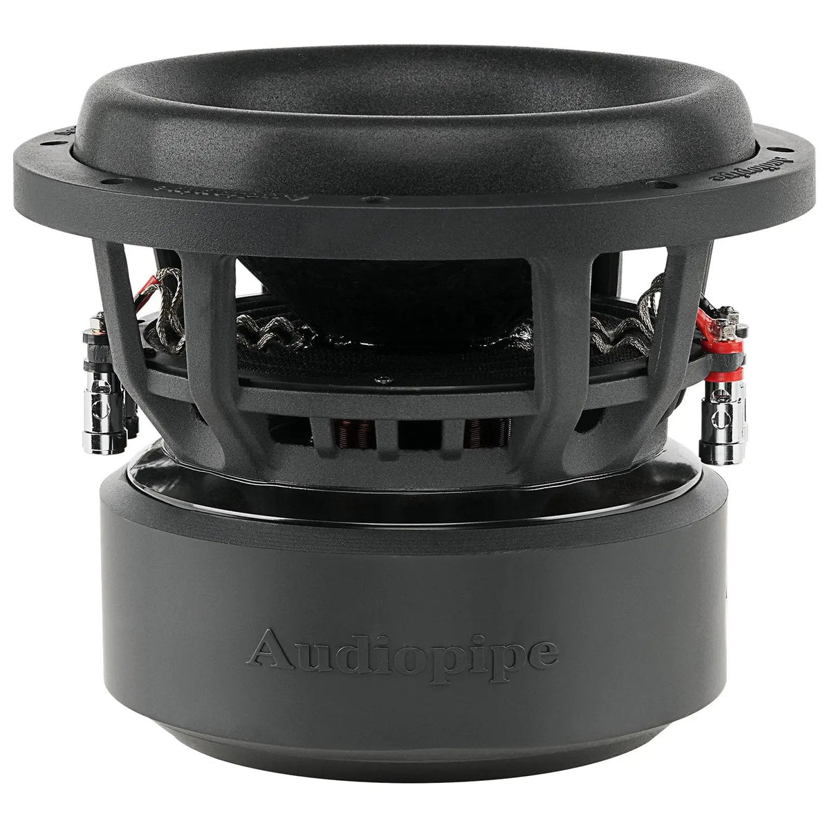 Audiopipe subwoofer, side view showing the basket, terminals and large motor housing