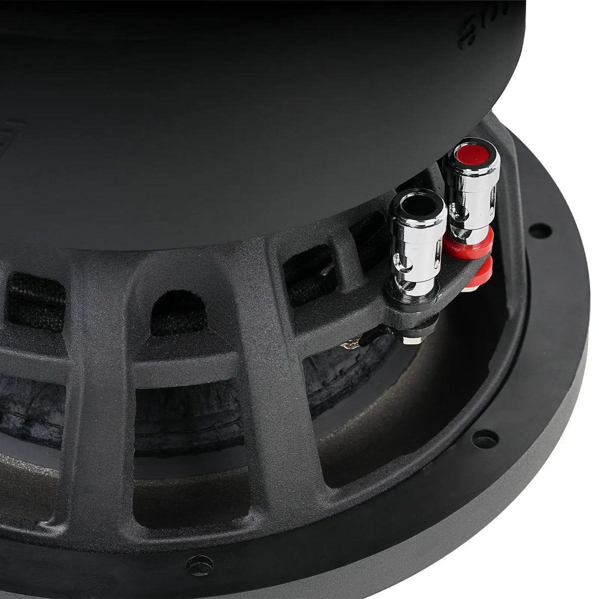 Close-up of red and black silver push terminals on a black subwoofer basket