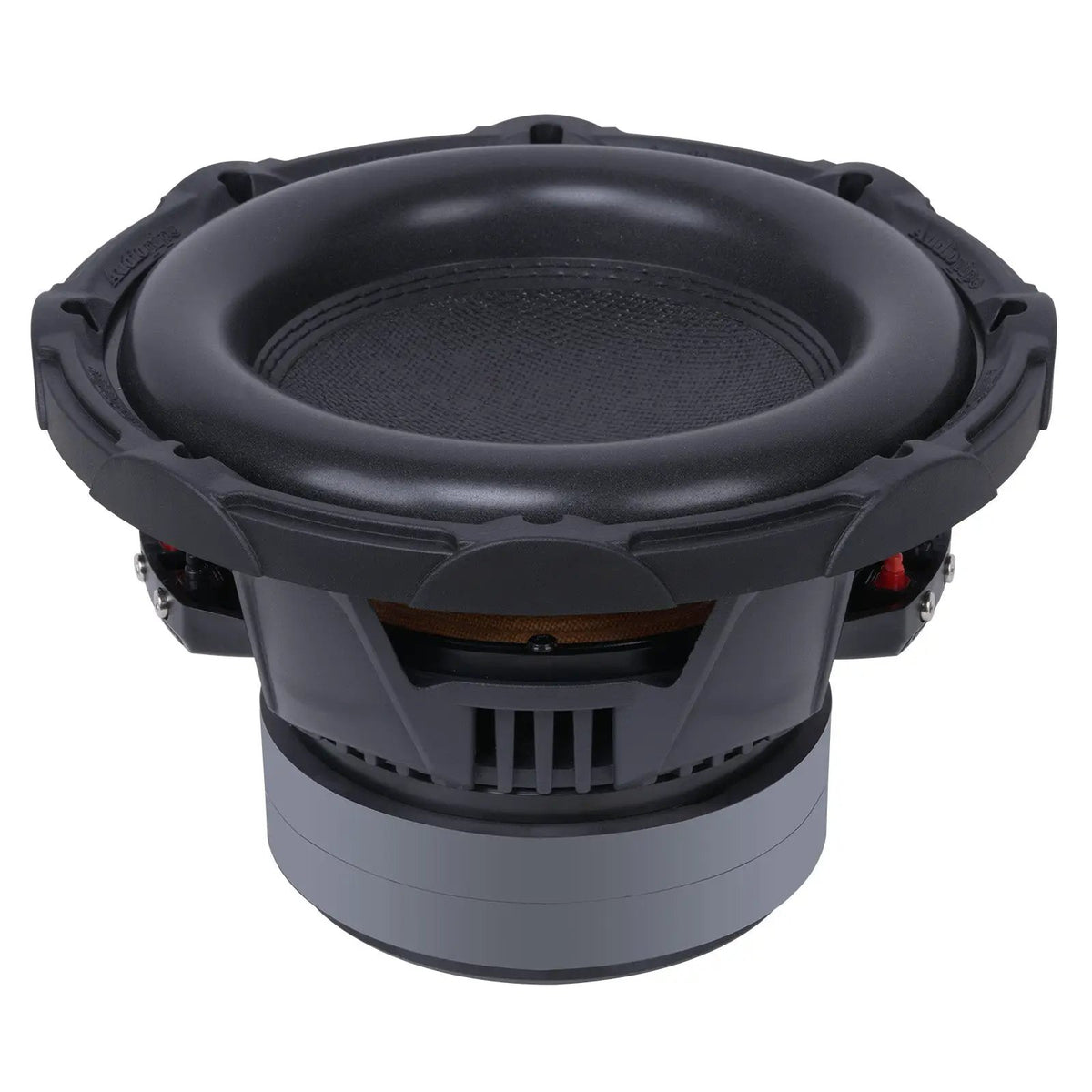 Black subwoofer, upper angled view showing the cone and open basket