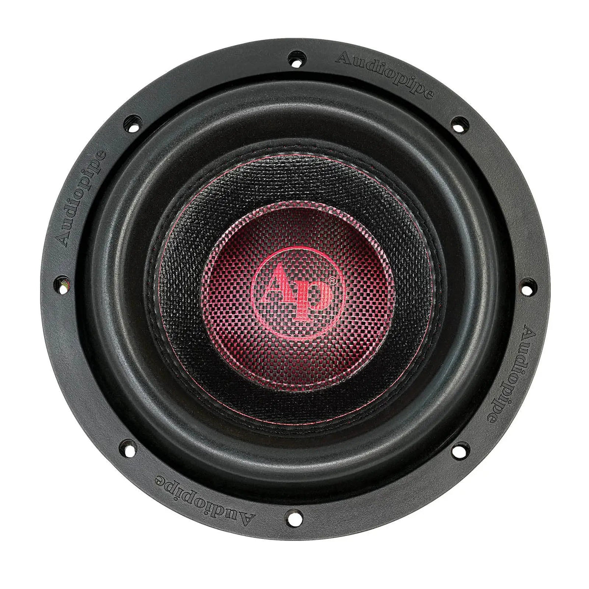 Front view of an Audiopipe subwoofer with red AP logo, broad surround and mounting holes