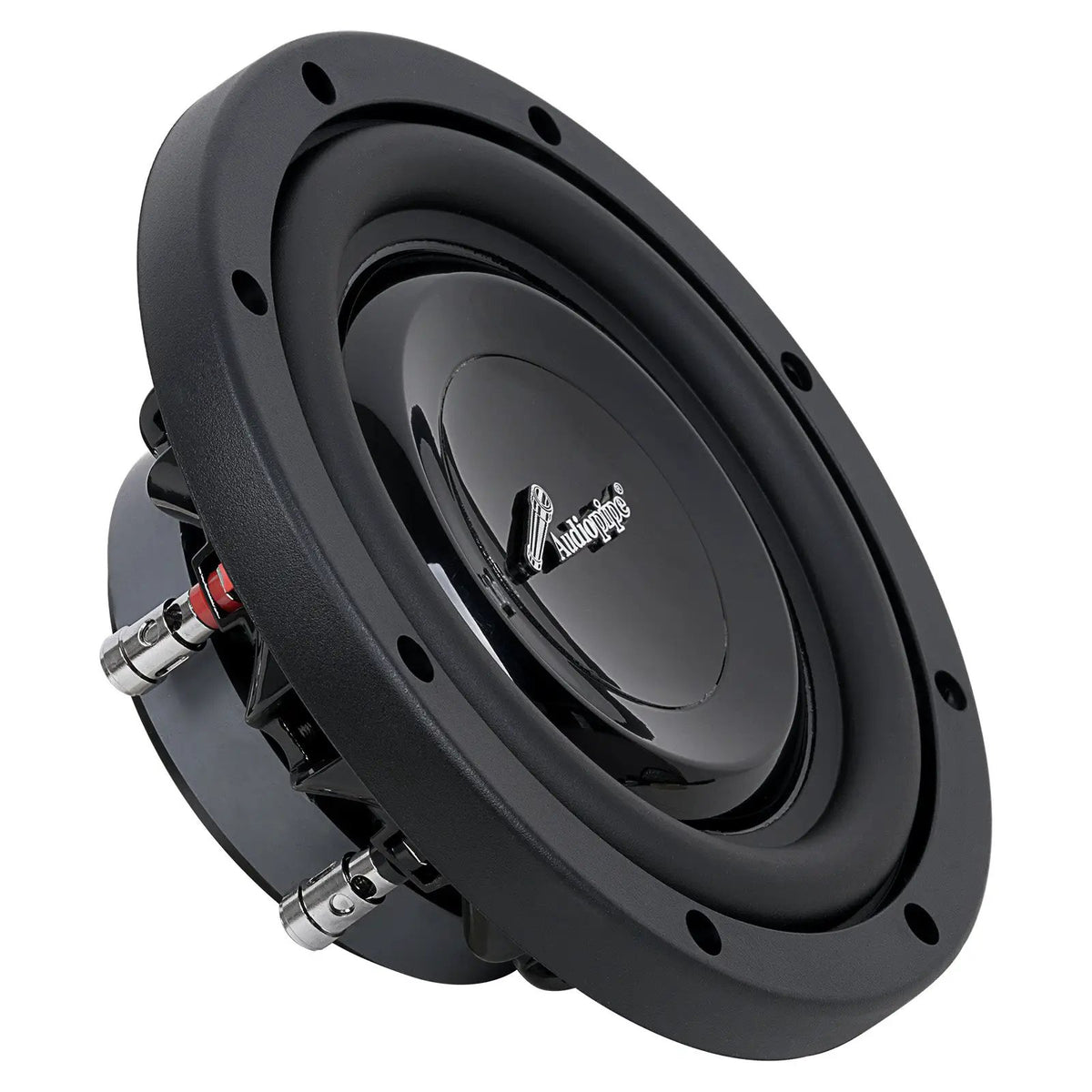 Angled front view of a shallow Audiopipe subwoofer with smooth black cone and side terminals