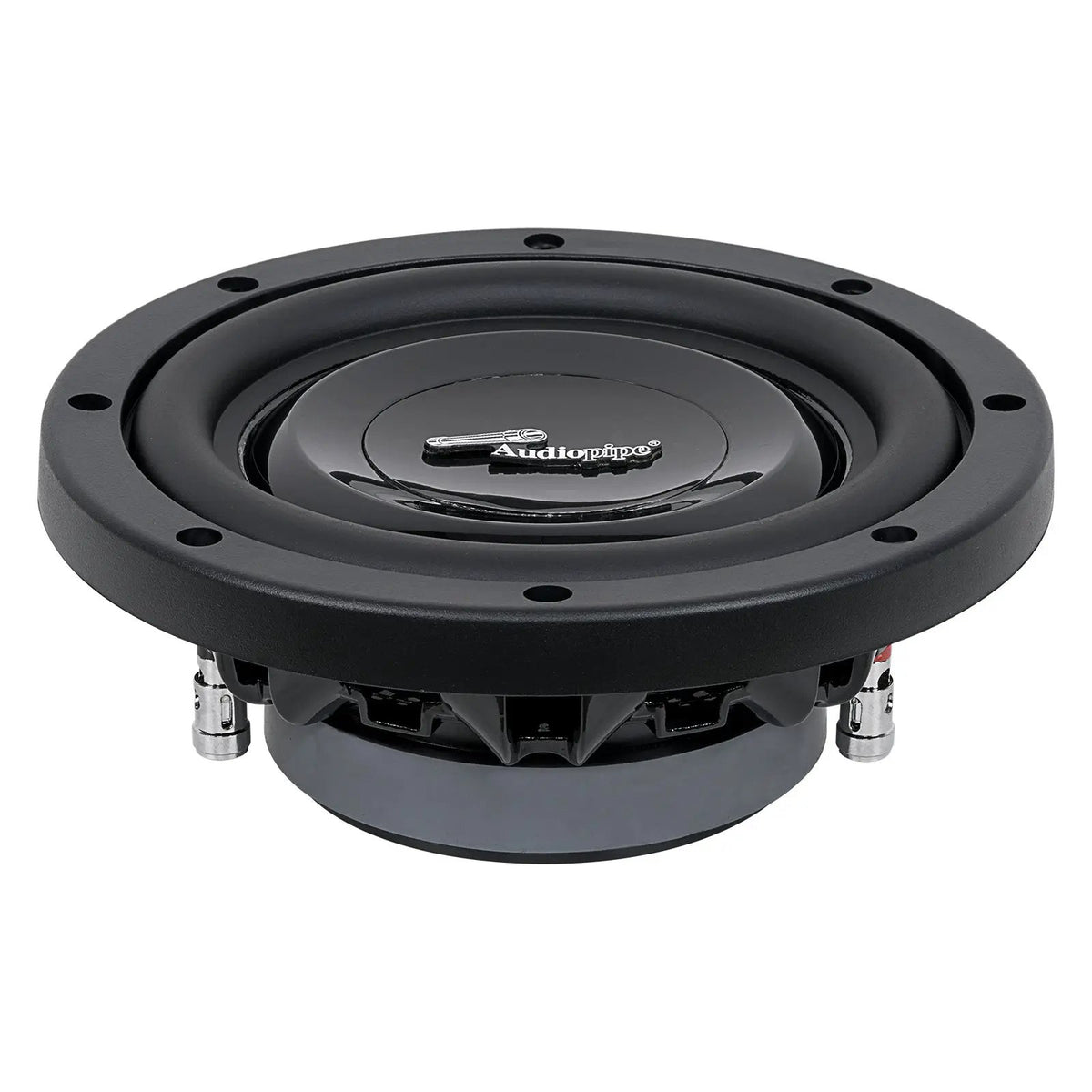 Low front-side view of a shallow Audiopipe subwoofer showing its surround, compact basket and terminals