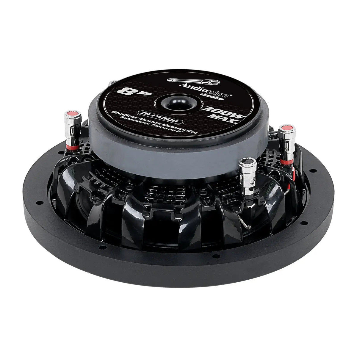 Rear-angled view of a shallow Audiopipe subwoofer with four spring terminals and compact basket