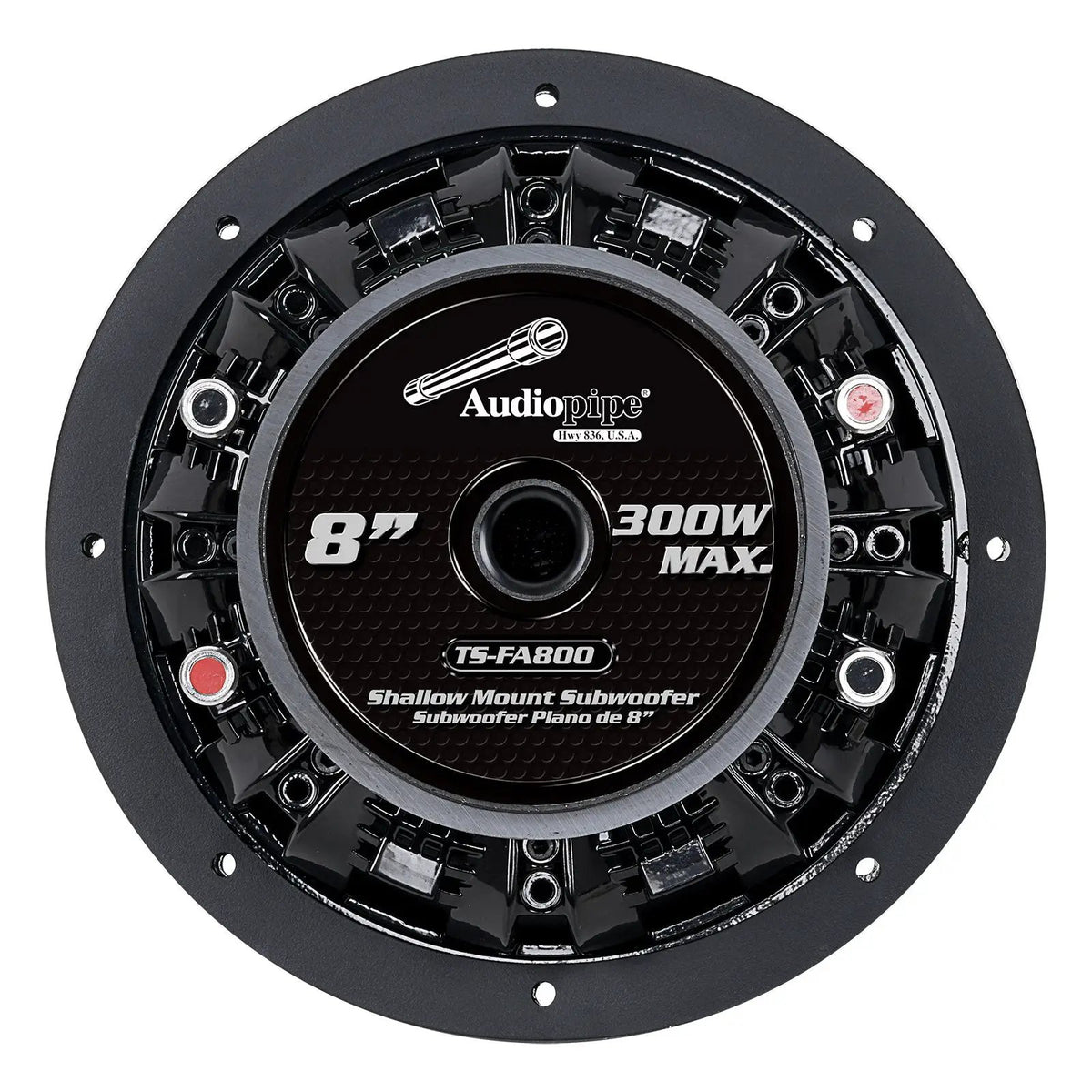 Rear view of a shallow Audiopipe subwoofer with TS-FA800, 8-inch and 300W Max label