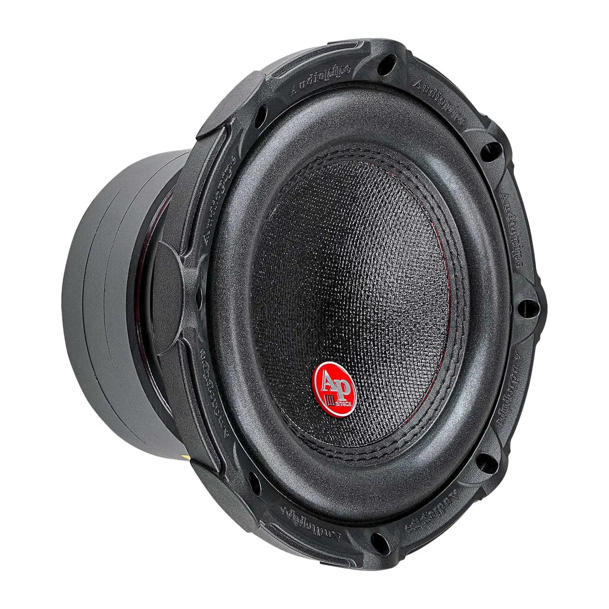 Angled front view of an Audiopipe subwoofer with small red AP badge and stacked magnet