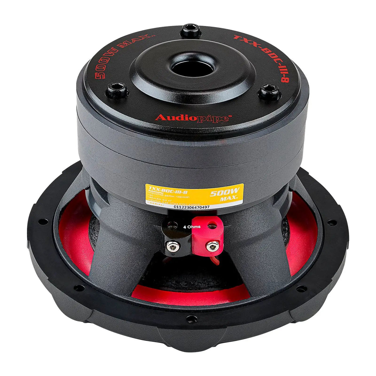 Rear-angled view of an Audiopipe subwoofer showing its 500W Max label and red-and-black terminals