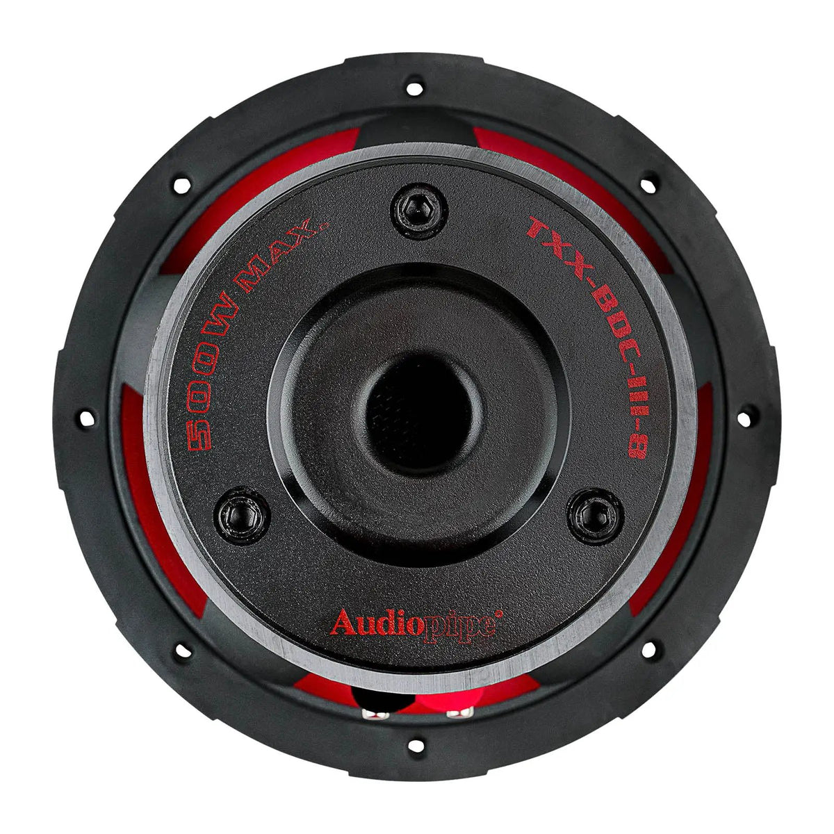 Rear view of an Audiopipe subwoofer showing the labeled magnet base and central vent