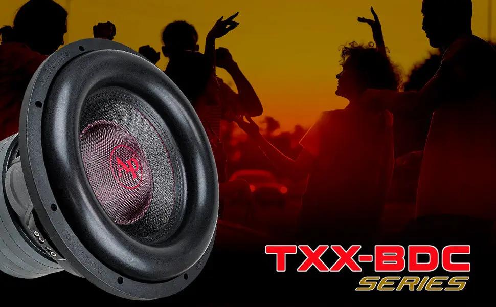 Audiopipe TXX-BDC series promotional graphic with a subwoofer over dancing silhouettes