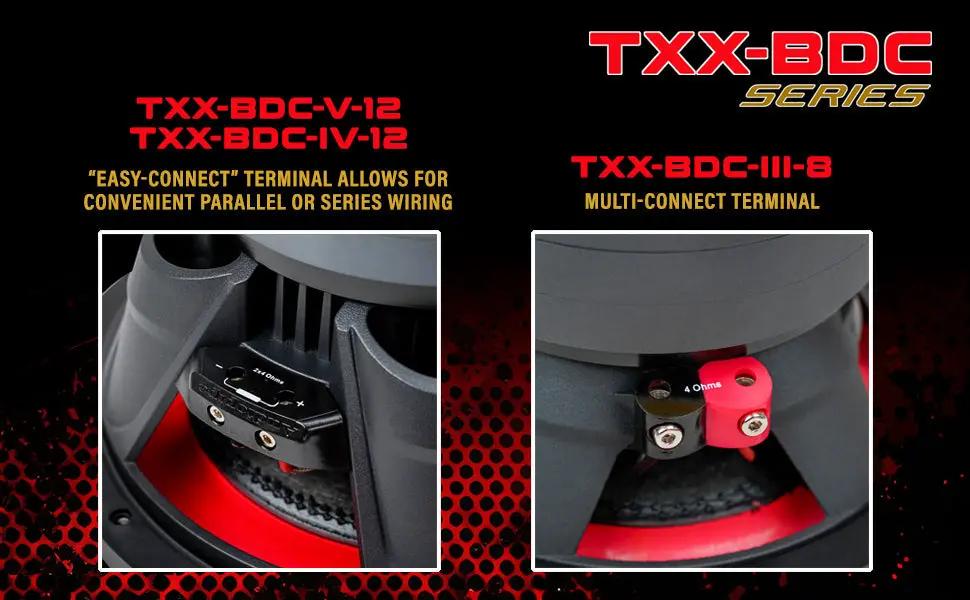 Audiopipe terminal comparison showing series or parallel easy-connect wiring and the TXX-BDC-III-8 multi-connect terminal