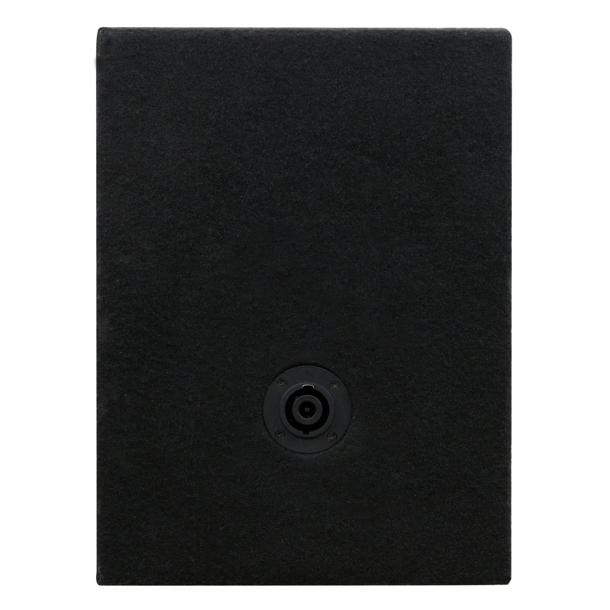 Side of a black-carpeted enclosure with a single round connector socket