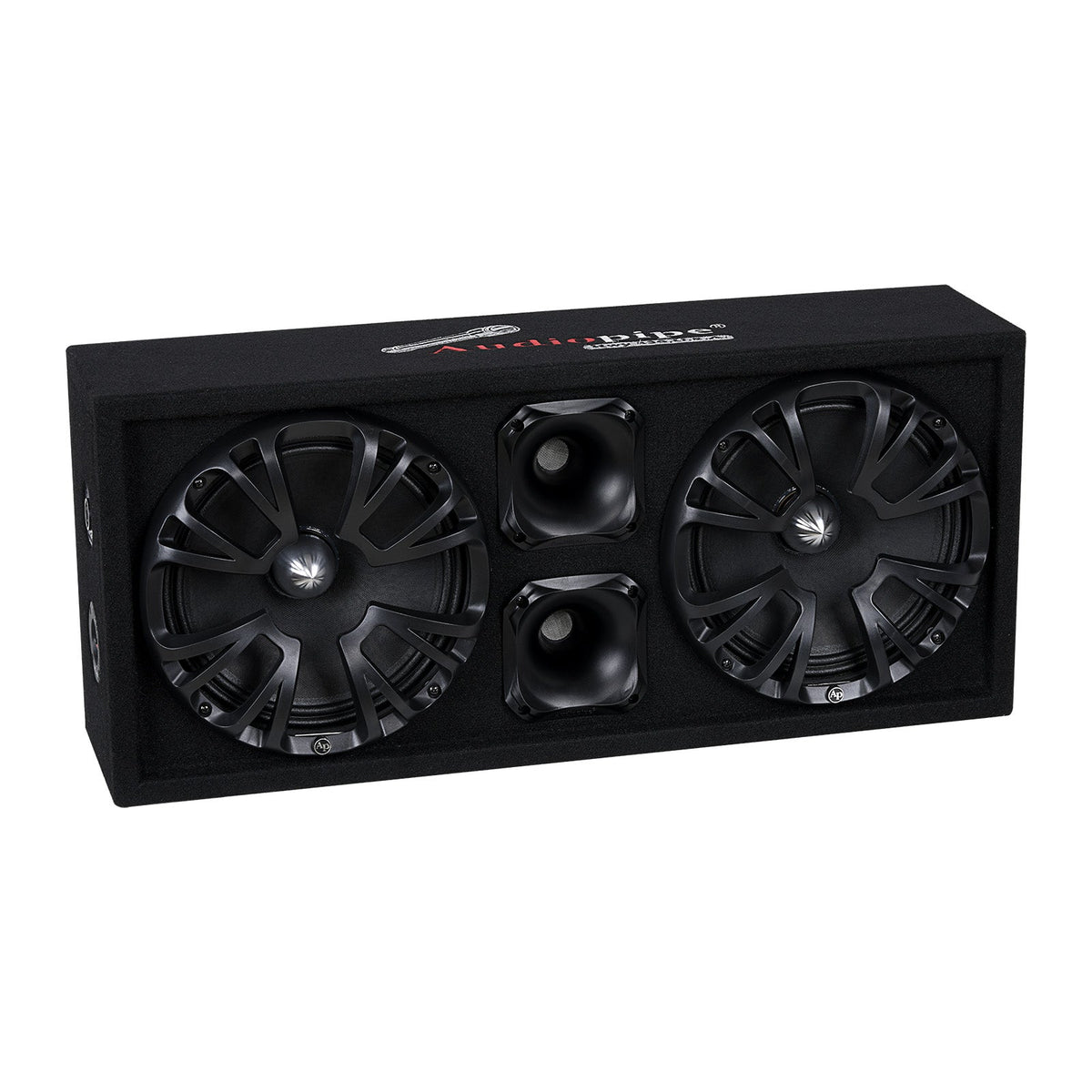 Black carpeted speaker enclosure containing two grille-covered speakers and two vertically stacked horns