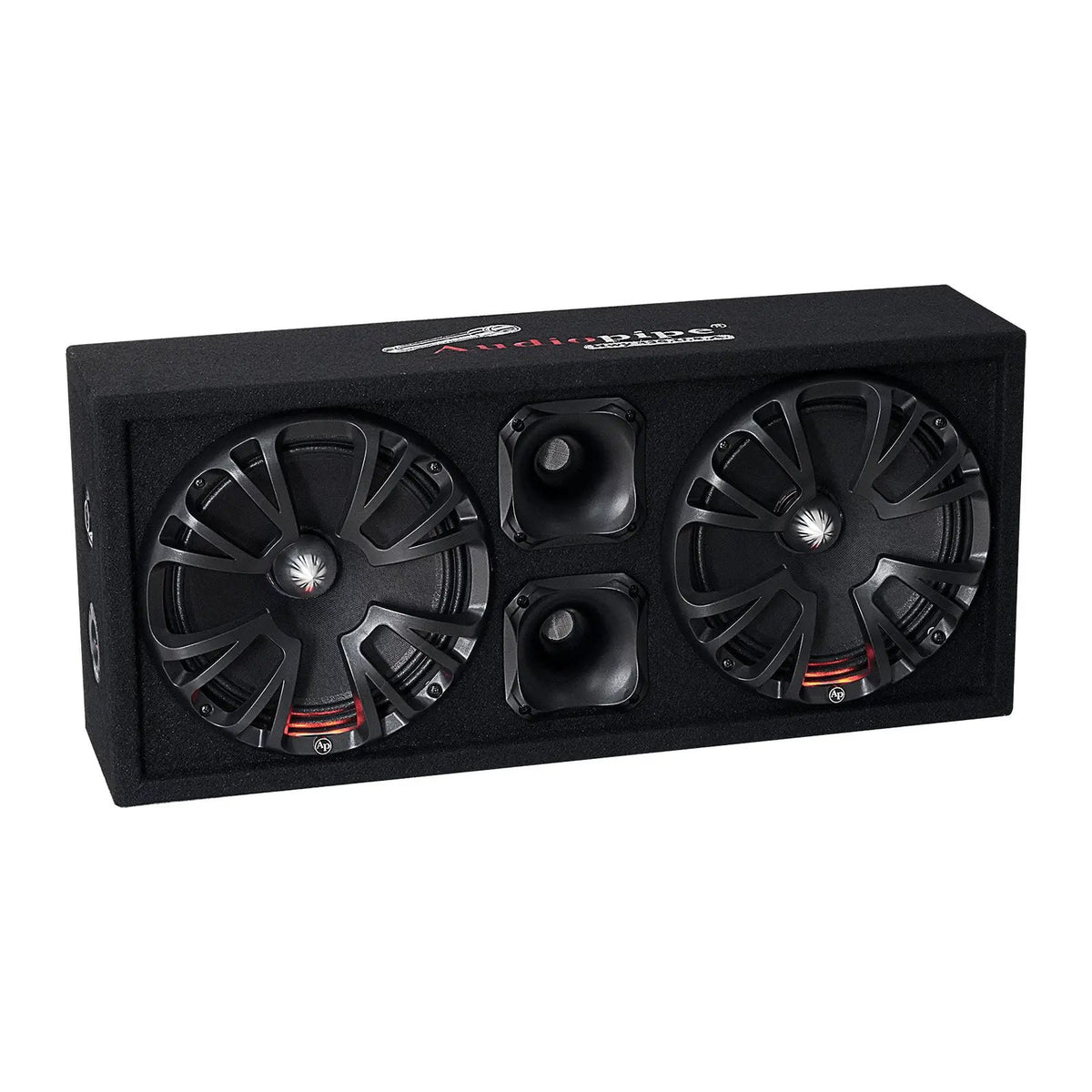 Audiopipe enclosure with two speakers illuminated red and two central horns