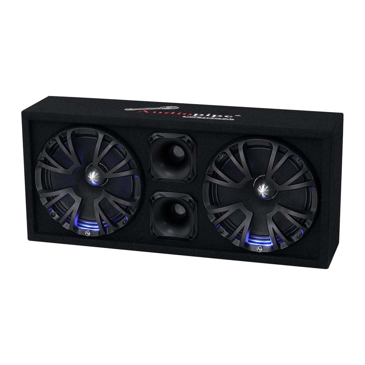 Audiopipe speaker enclosure with two large drivers, two central horns and blue accent lighting