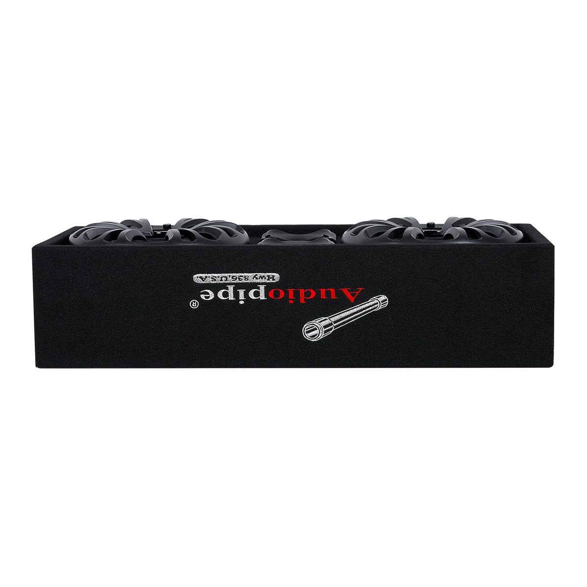 Top-edge view of an Audiopipe speaker enclosure showing its logo and protruding speaker grilles