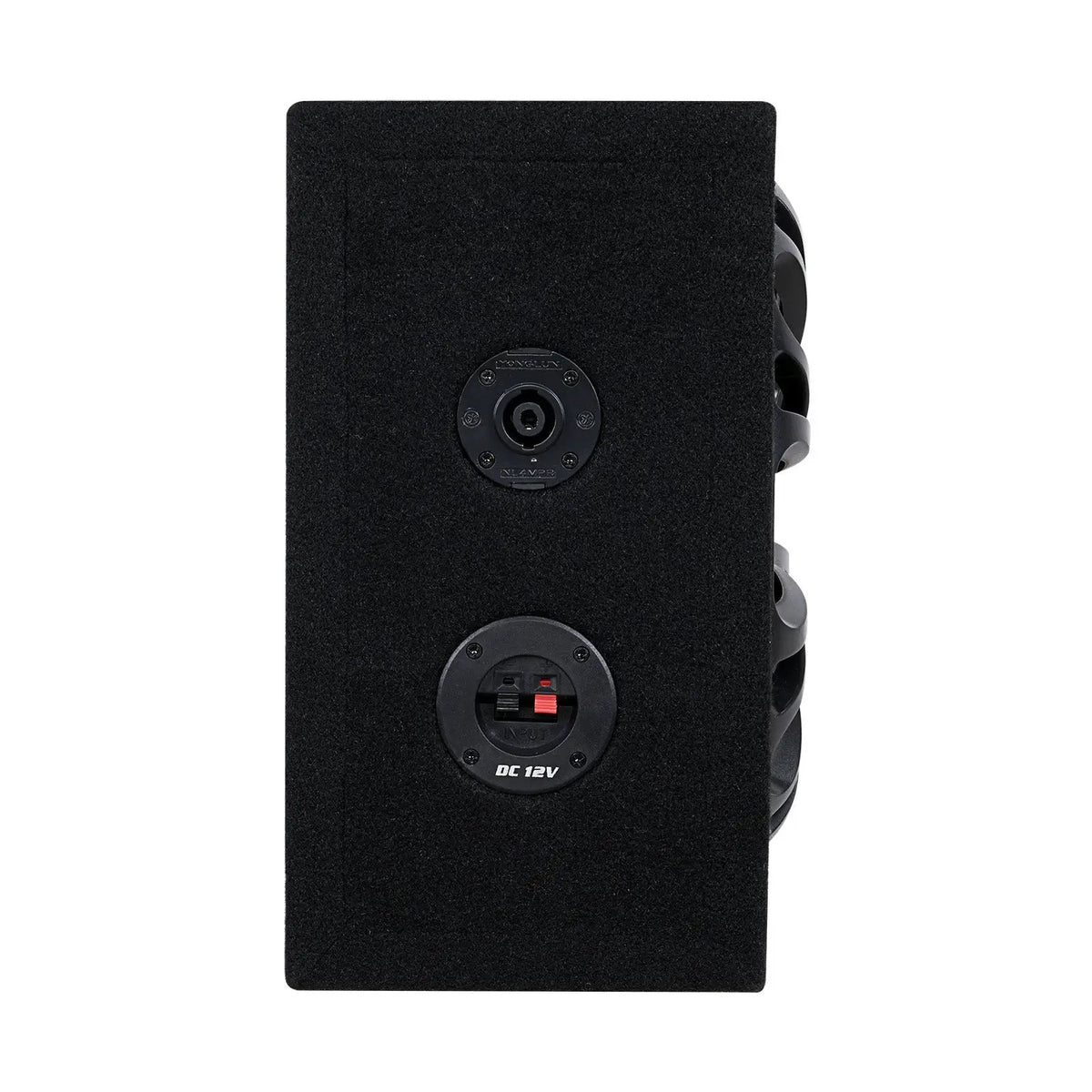 Side of a black-carpeted enclosure with a round socket and red and black DC 12V terminals