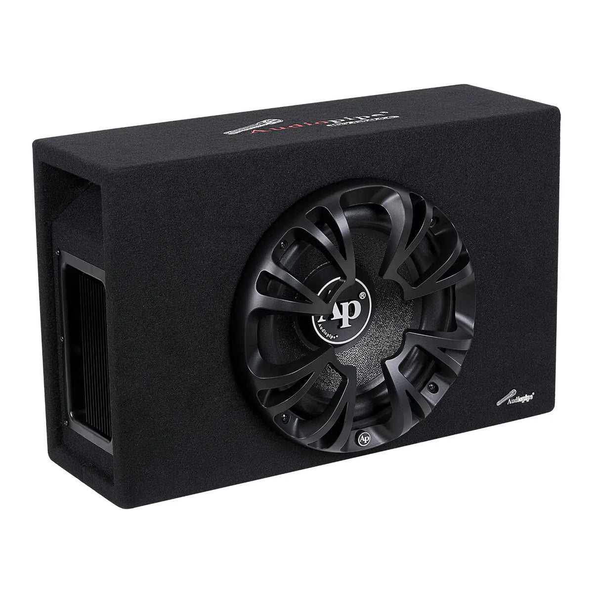 Audiopipe bass enclosure with a guarded woofer and side port, angled view