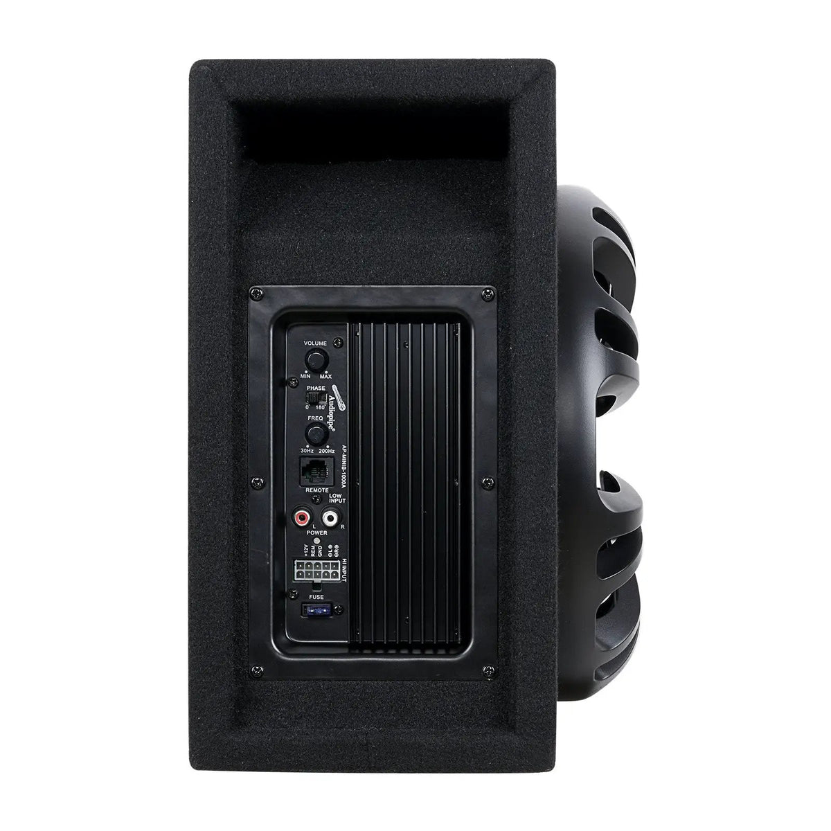 Side view of an Audiopipe bass enclosure showing its amplifier controls, connections and cooling fins