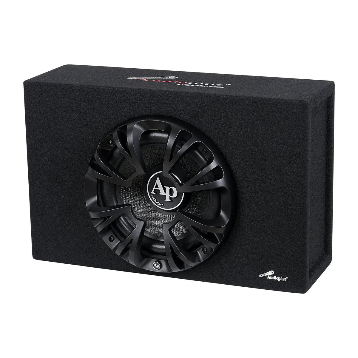 Audiopipe bass enclosure with a guarded woofer, angled view