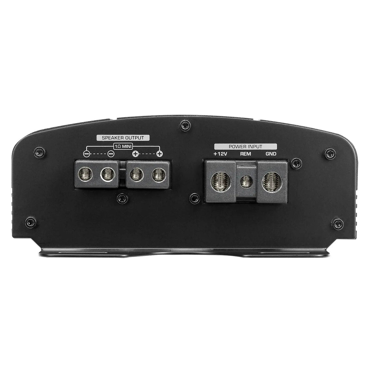Amplifier end panel with speaker output terminals and positive, remote and ground power connections