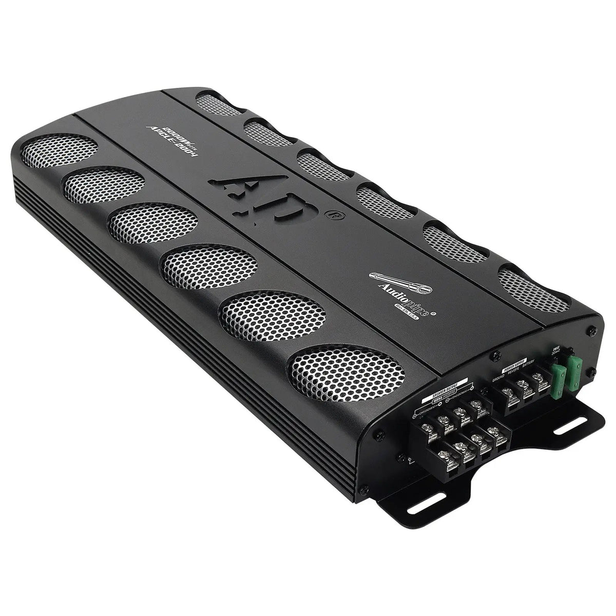 Angled Audiopipe APCLE-2004 amplifier with silver mesh vents, terminal blocks and green fuses