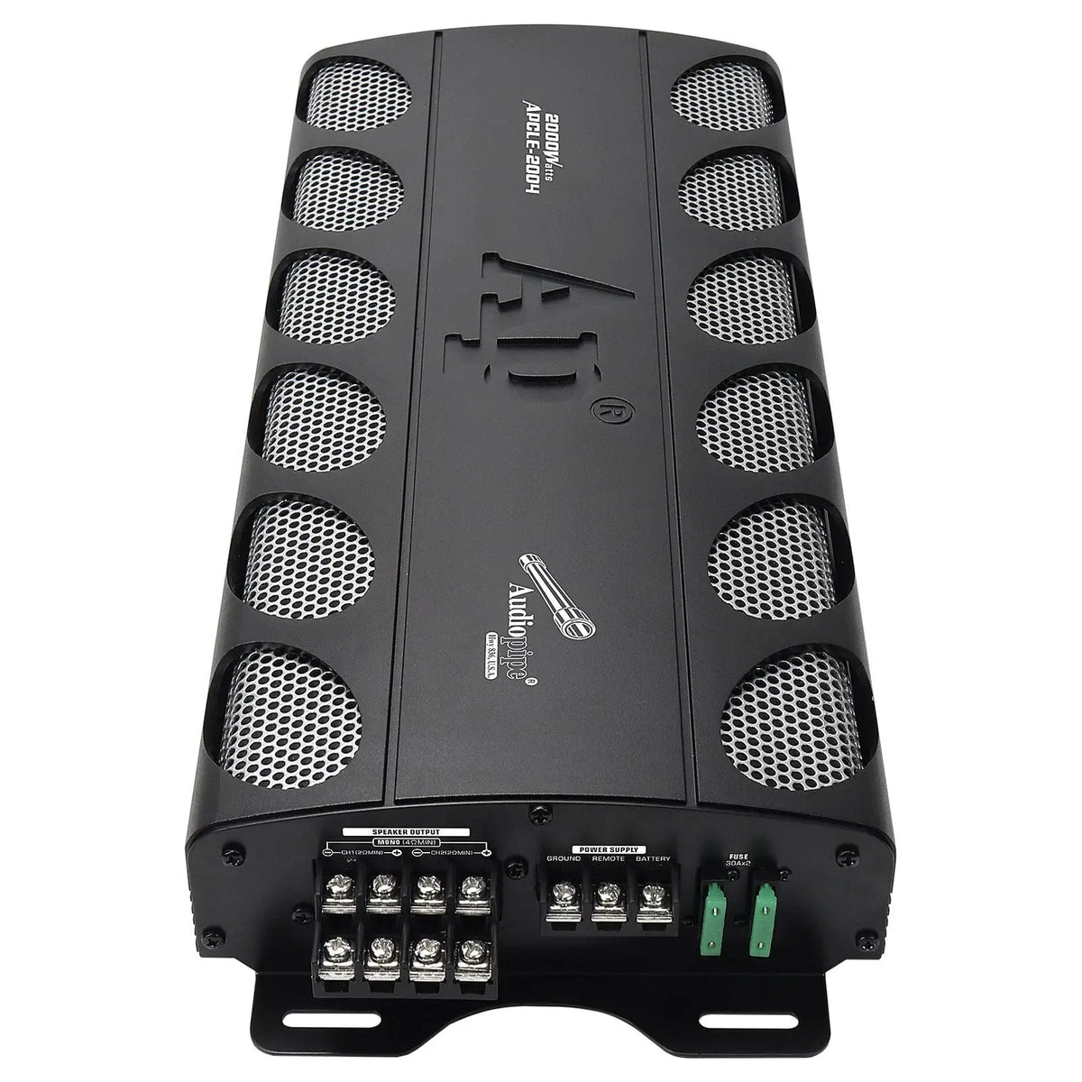 Audiopipe APCLE-2004 amplifier with black housing and silver mesh vents
