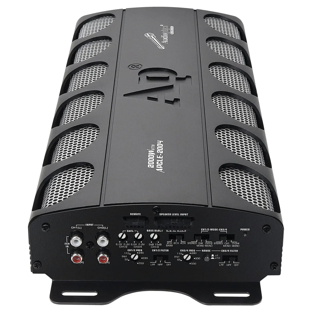 Angled view of an Audiopipe APCLE-2004 amplifier showing its vented cover and input-control panel