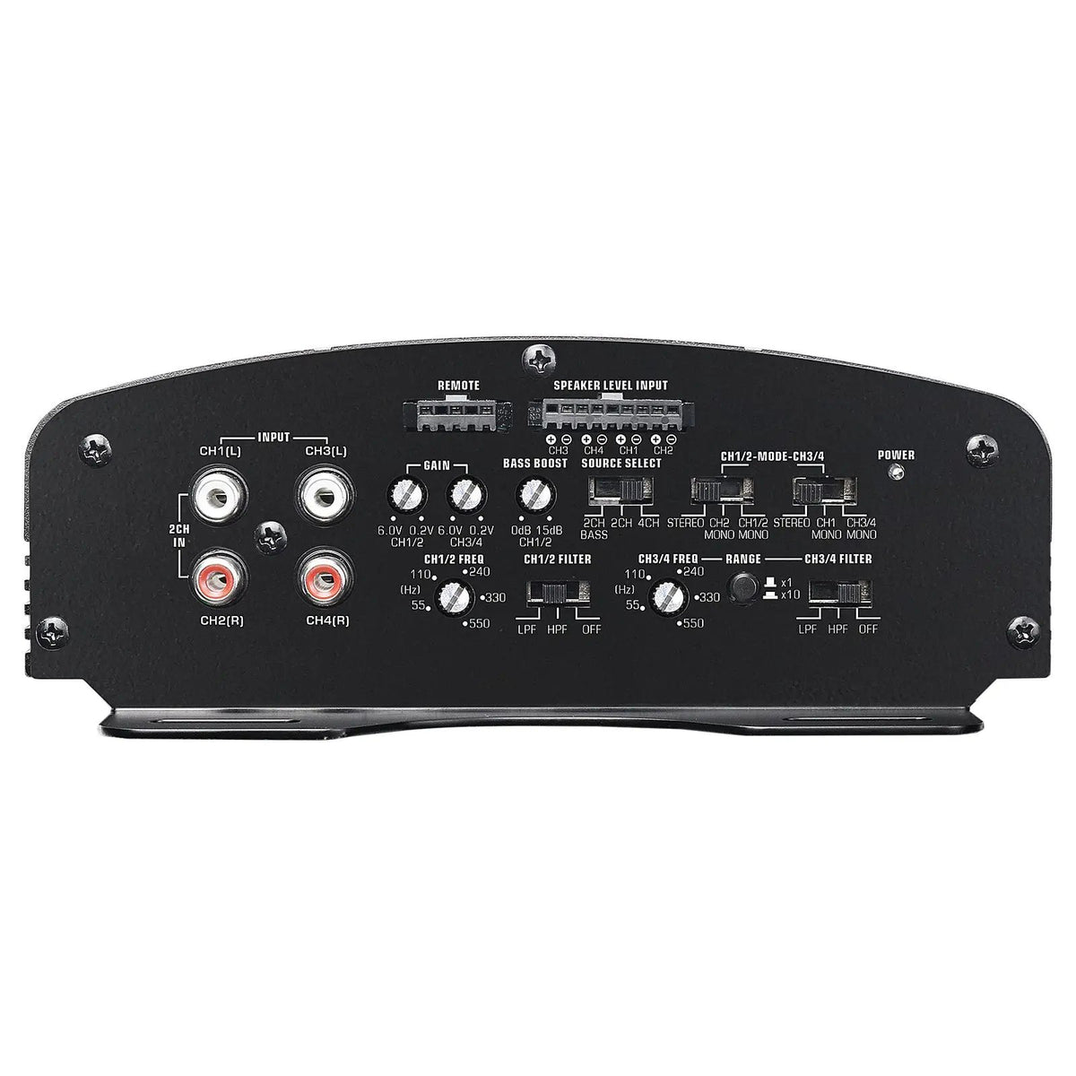 Amplifier input panel with four RCA jacks, remote connection, gain controls and crossover switches