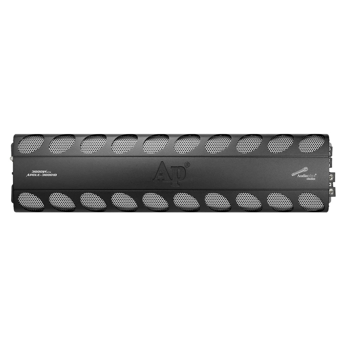 Top of a long black Audiopipe amplifier with two rows of silver mesh vents