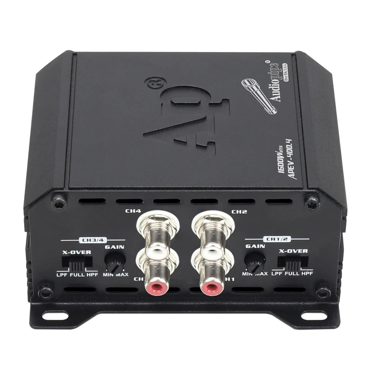 Audiopipe APEV-400.4 amplifier showing four RCA inputs and paired gain and crossover controls