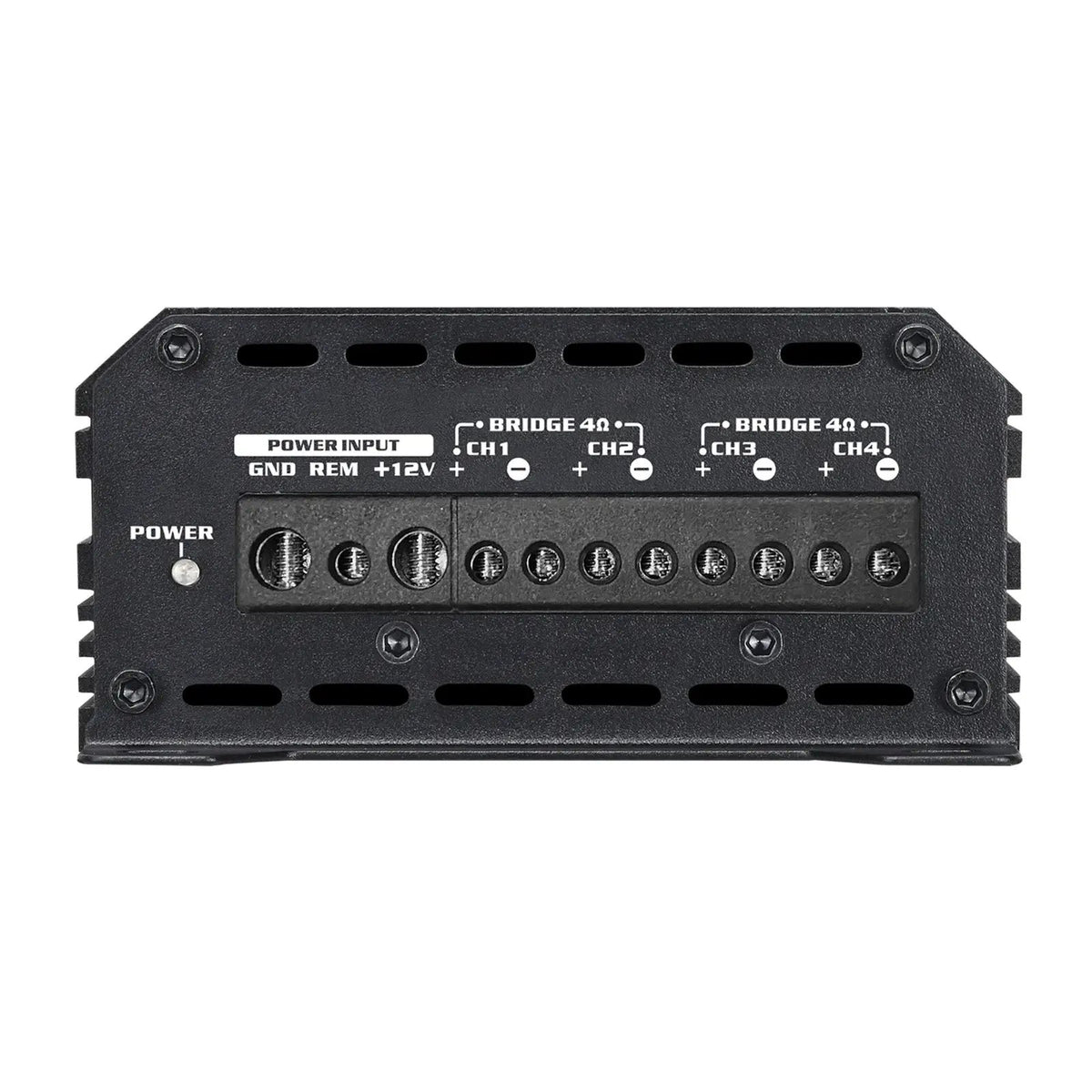 Amplifier end panel with power-input connections and four labeled speaker-output channels