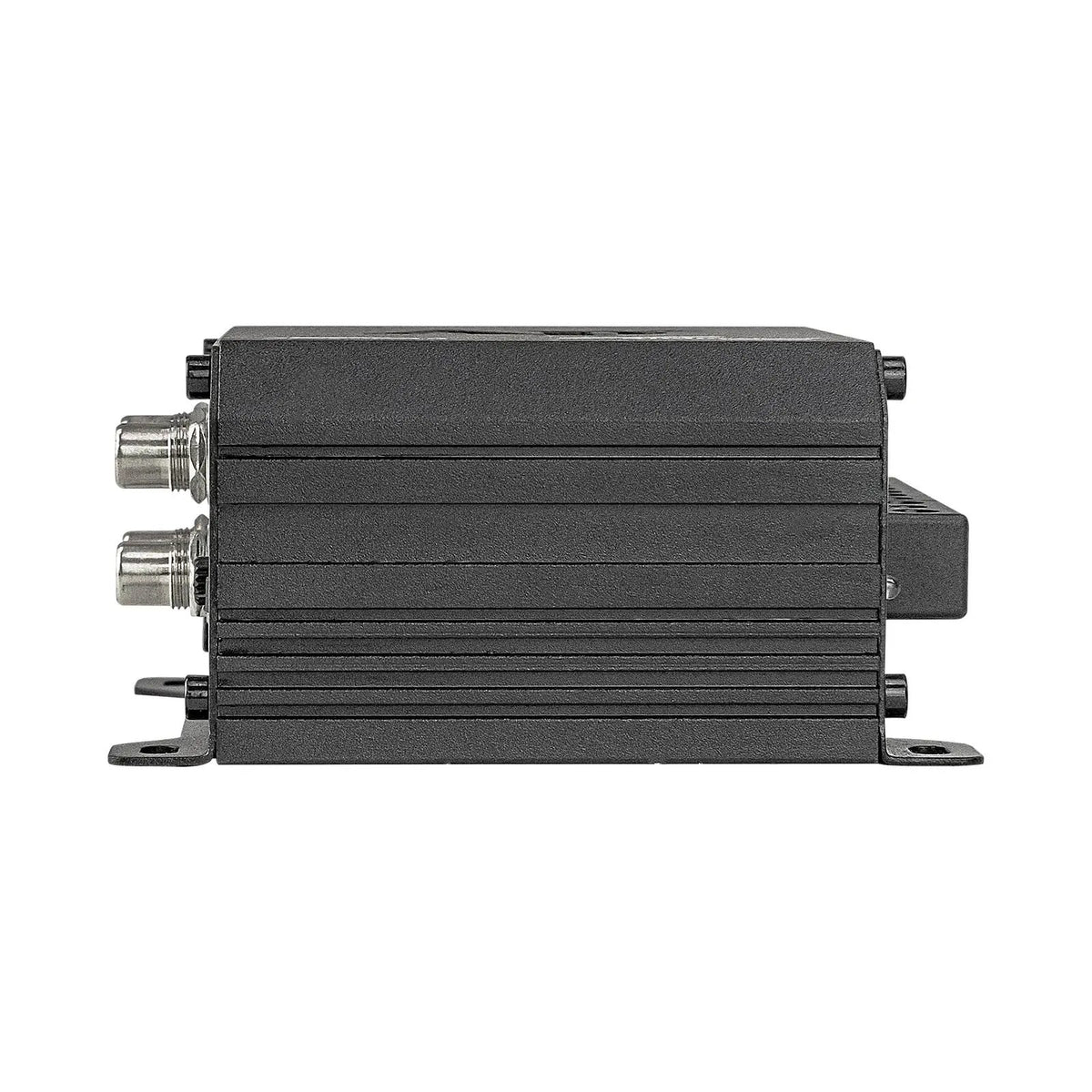 Compact black amplifier side view showing cooling fins, mounting feet and RCA sockets