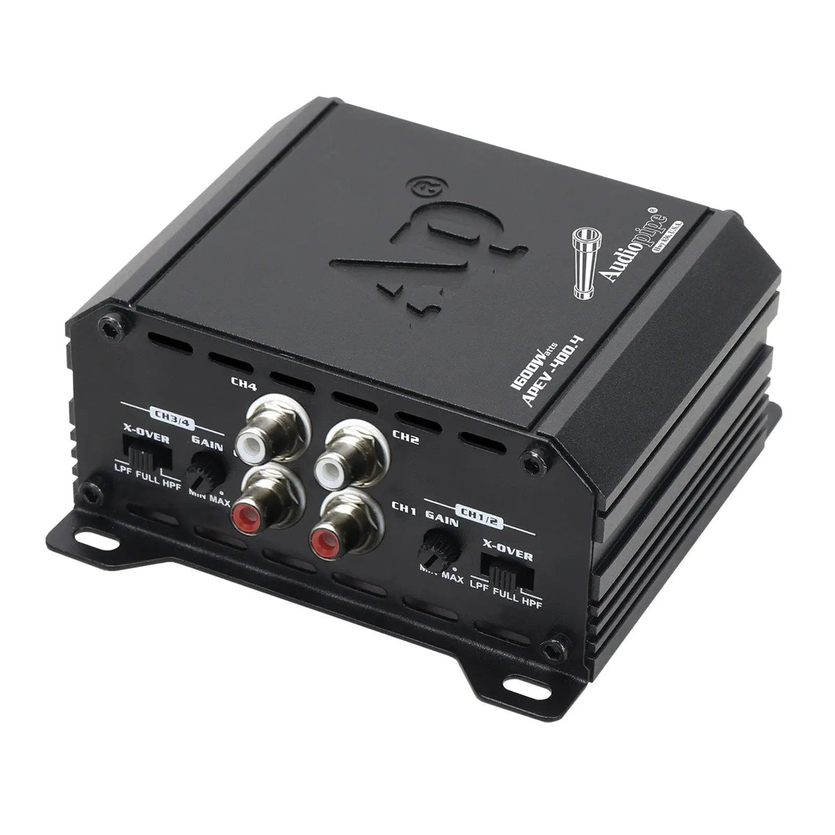 Angled view of Audiopipe amplifier highlighting its RCA inputs and crossover controls