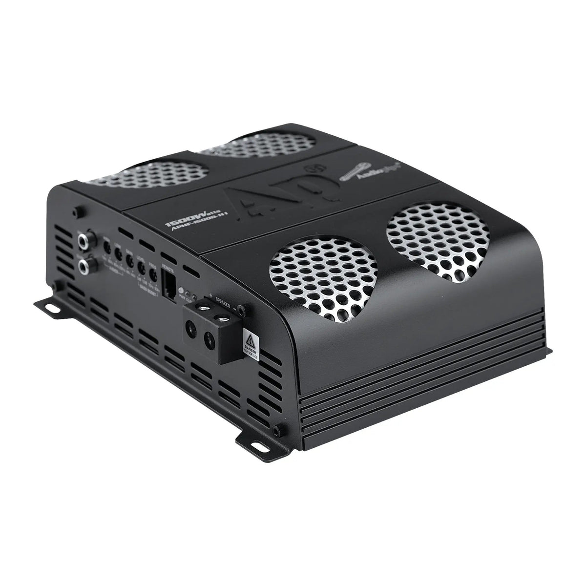 Angled front view of an Audiopipe amplifier with four silver mesh vent panels