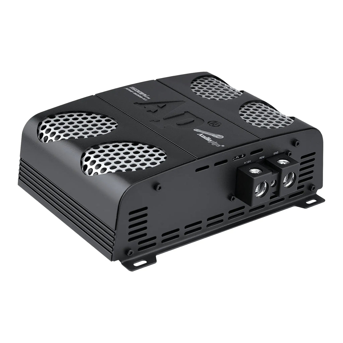Rear angled view of an Audiopipe amplifier with three power terminals and a fan opening