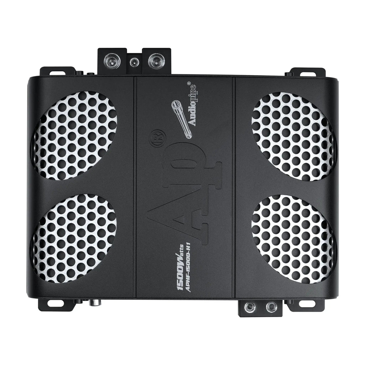 Top view of an Audiopipe amplifier with four silver mesh vent panels