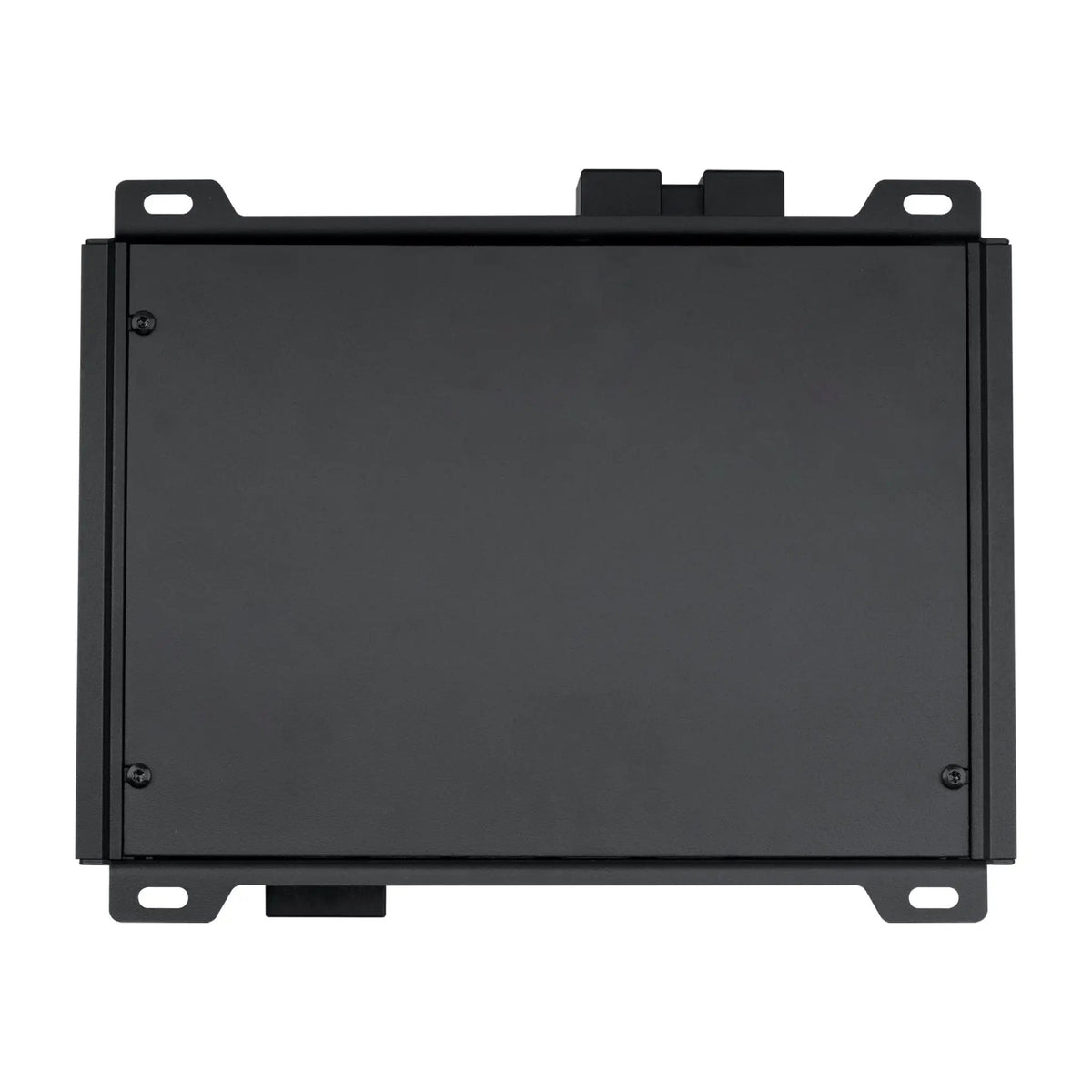 Underside of black amplifier showing its flat base plate and screws