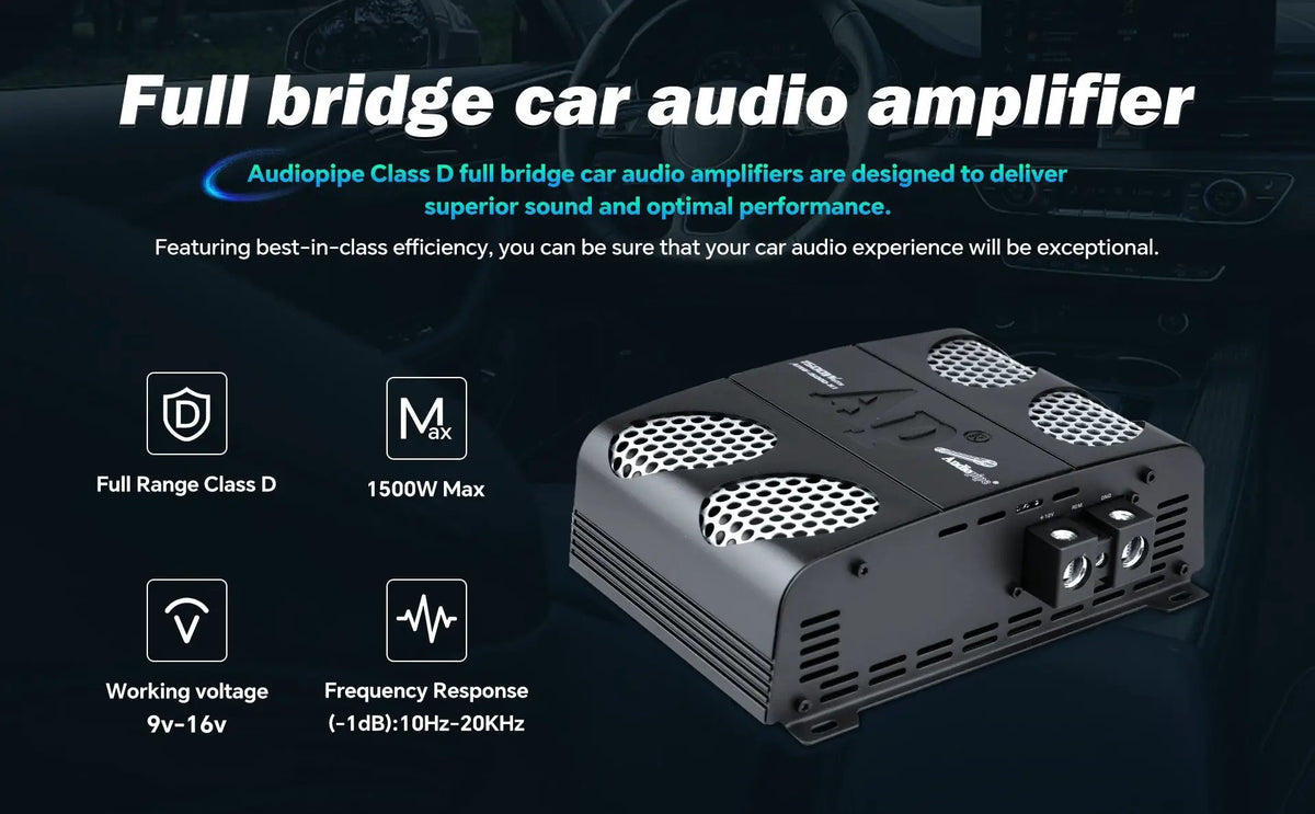Audiopipe full-bridge amplifier graphic highlighting Class D operation, 1500 W maximum, working voltage and frequency response