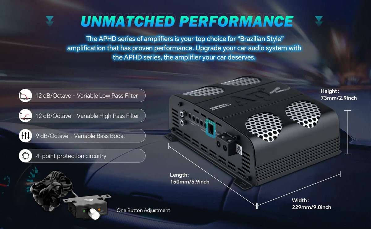 Audiopipe amplifier graphic showing 5.9 by 9 by 2.9-inch dimensions, adjustable filters, bass boost and protection circuitry