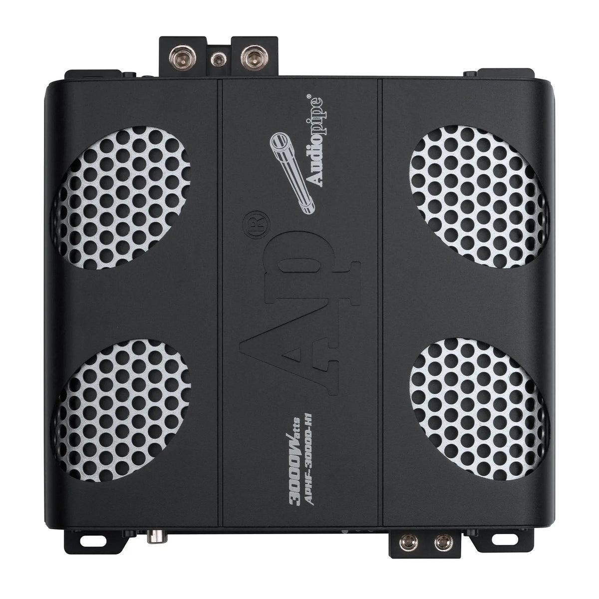 Top view of an Audiopipe APHF-3000D-H1 amplifier with four silver mesh vents