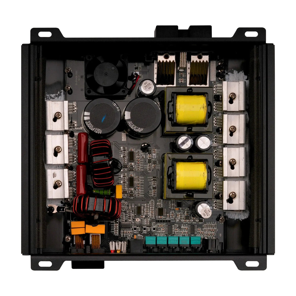 Open amplifier showing its circuit board, yellow transformers and internal components