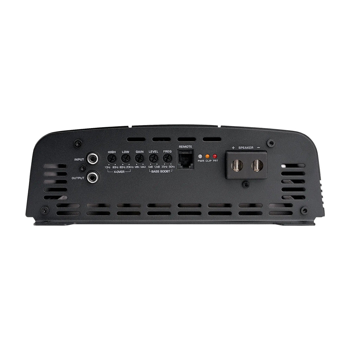 Audiopipe amplifier control panel with RCA sockets, adjustment knobs, a remote port, status lights and speaker terminals