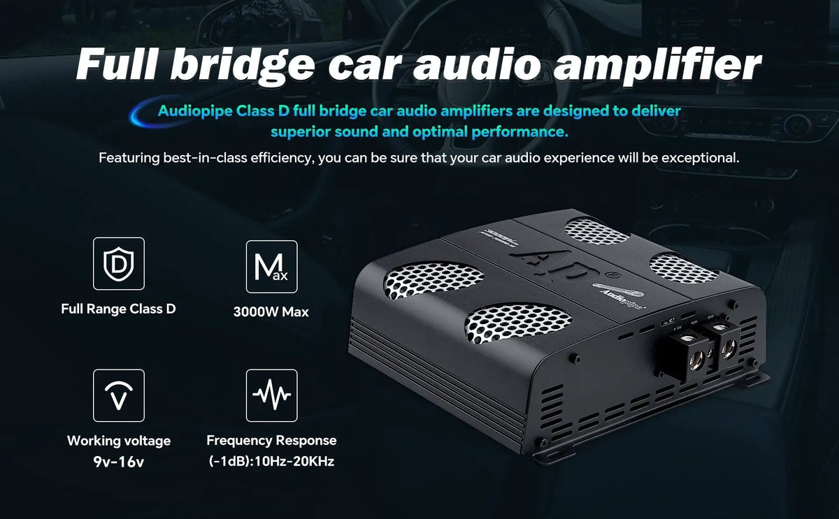 Audiopipe full-bridge amplifier graphic highlighting Class D operation, 3000 W maximum, working voltage and frequency response