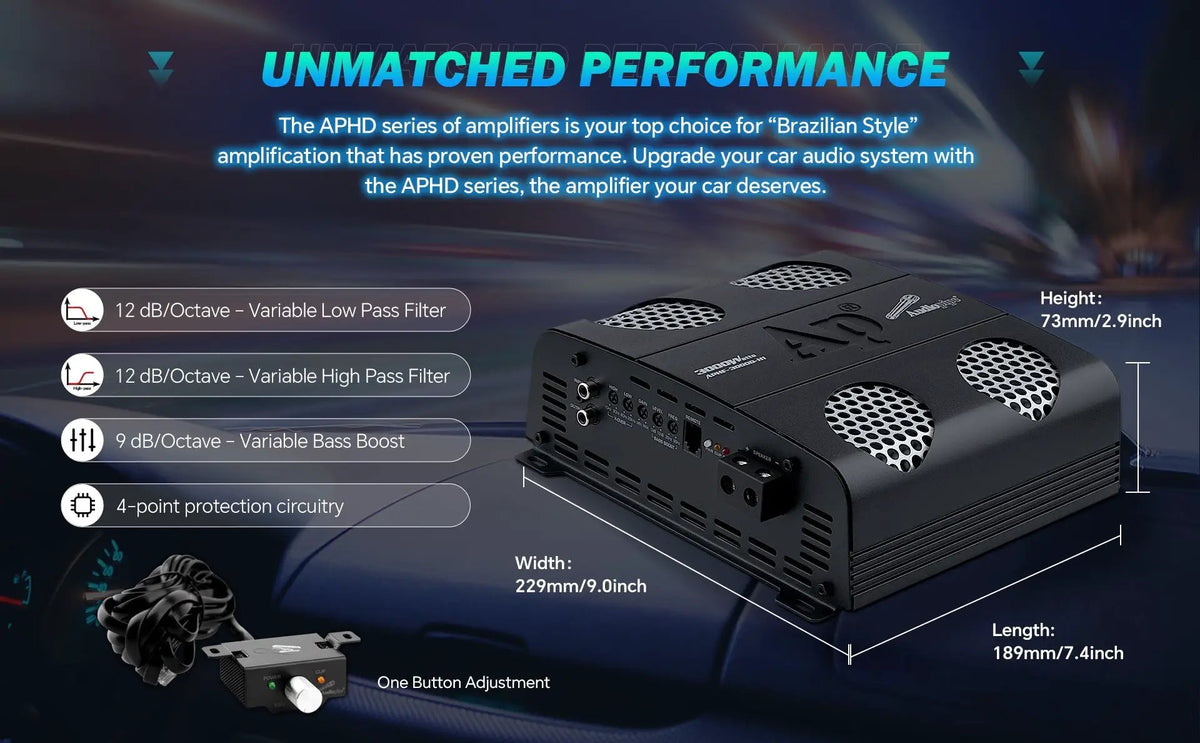 Audiopipe amplifier graphic showing 7.4 by 9 by 2.9-inch dimensions, adjustable filters, bass boost and protection circuitry